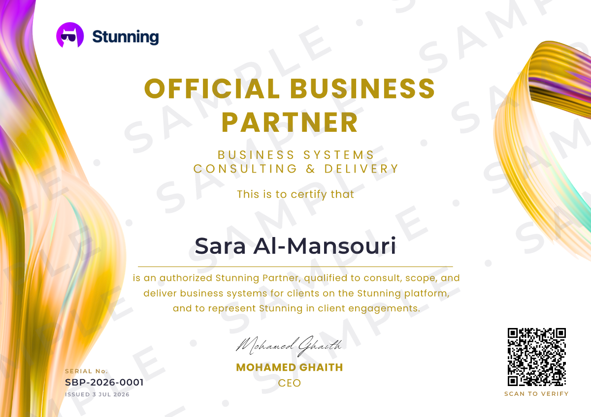 Sample official Stunning partner certificate
