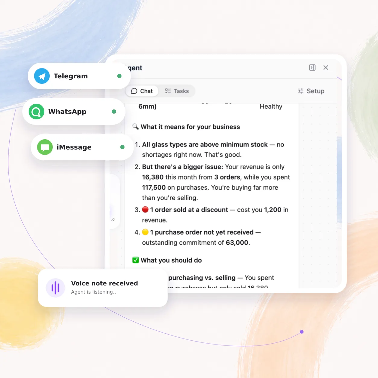 Telegram, WhatsApp and iMessage connected to the agent, which is listening to a voice note and explaining what the numbers mean.