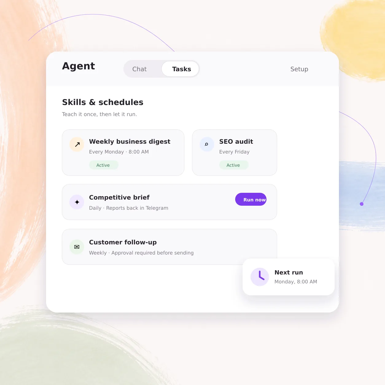 Skills on schedules: a weekly business digest every Monday, a Friday SEO audit, a daily competitive brief reporting back in Telegram.