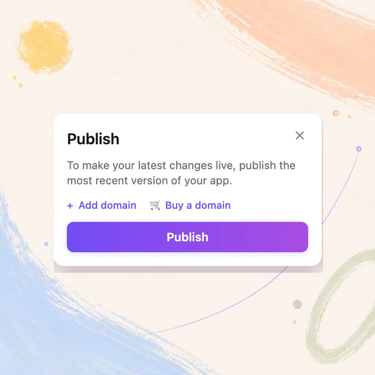 The Stunning publish dialog, with options to add or buy a domain before going live.