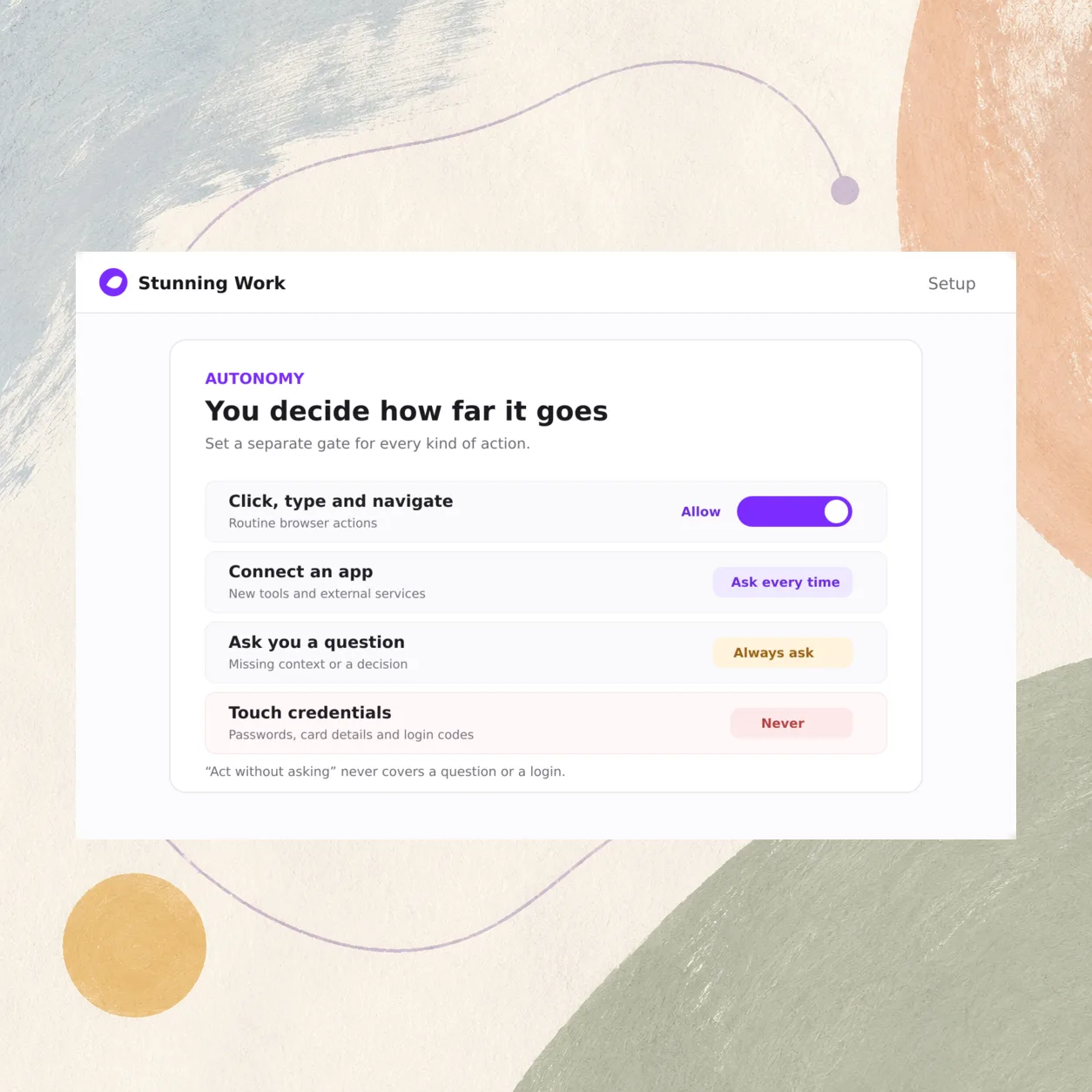 Separate gates for clicking, connecting an app, asking you a question and touching credentials — credentials set to never.