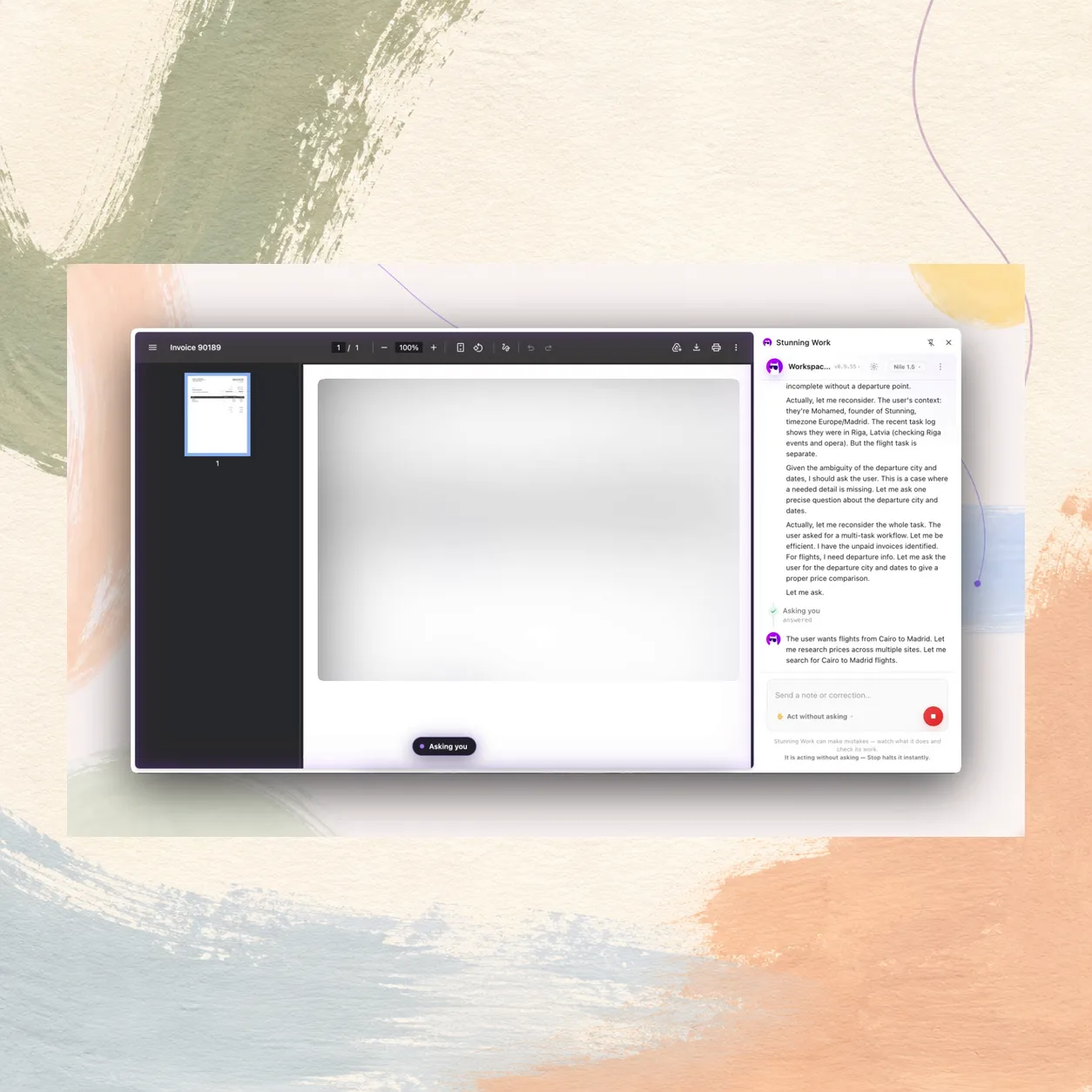 The panel working through an open invoice, showing its steps and stopping to ask when a detail it needs is missing.