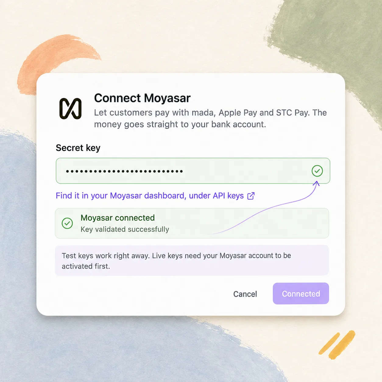 Connecting Moyasar by pasting a secret key, checked against the provider and confirmed as validated before anything is saved.