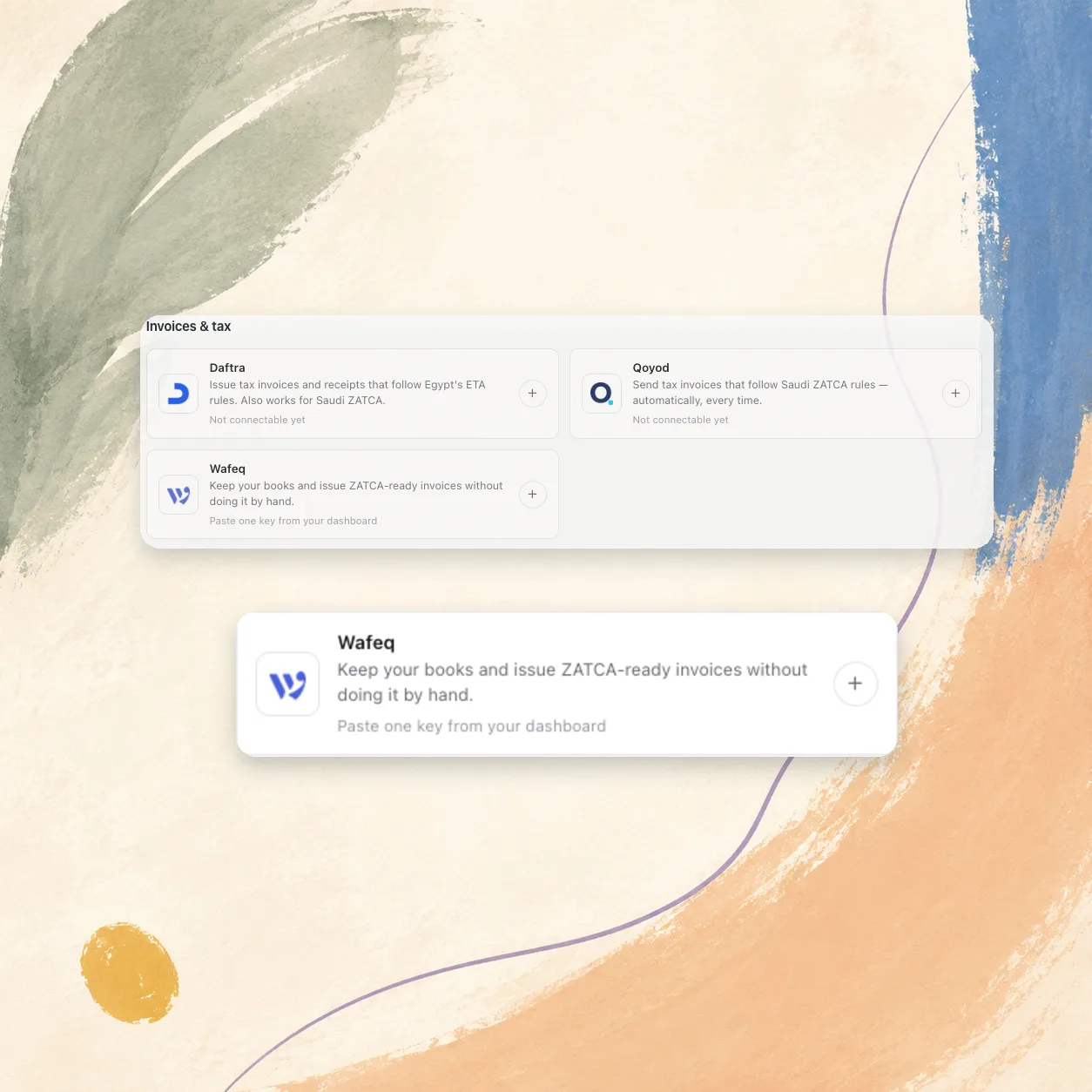 The invoices and tax section: Wafeq ready to connect for ZATCA-ready invoices, with Daftra and Qoyod marked not connectable yet.