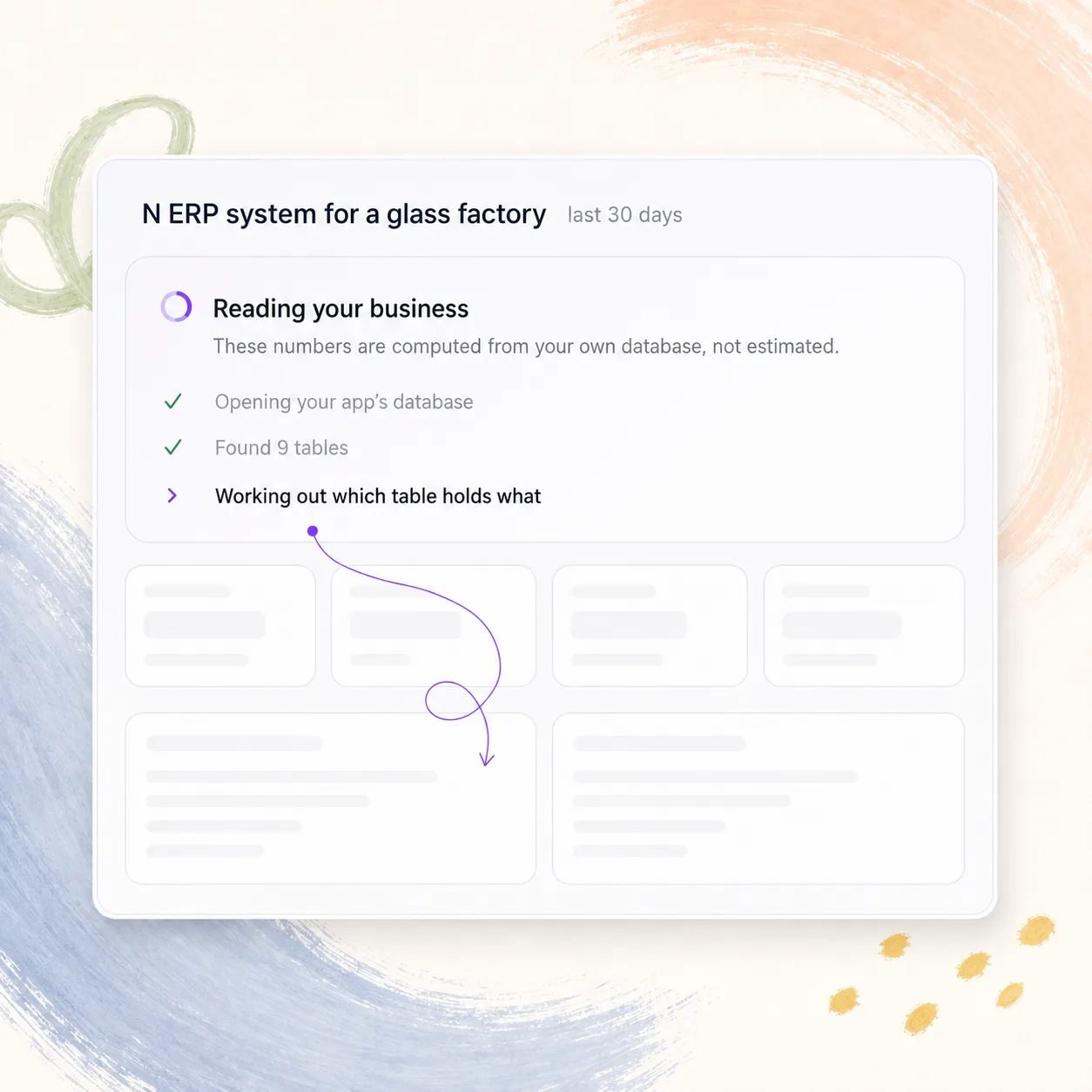 Stunning reading a glass factory ERP: opening the app database, finding its tables and laying out the dashboard.